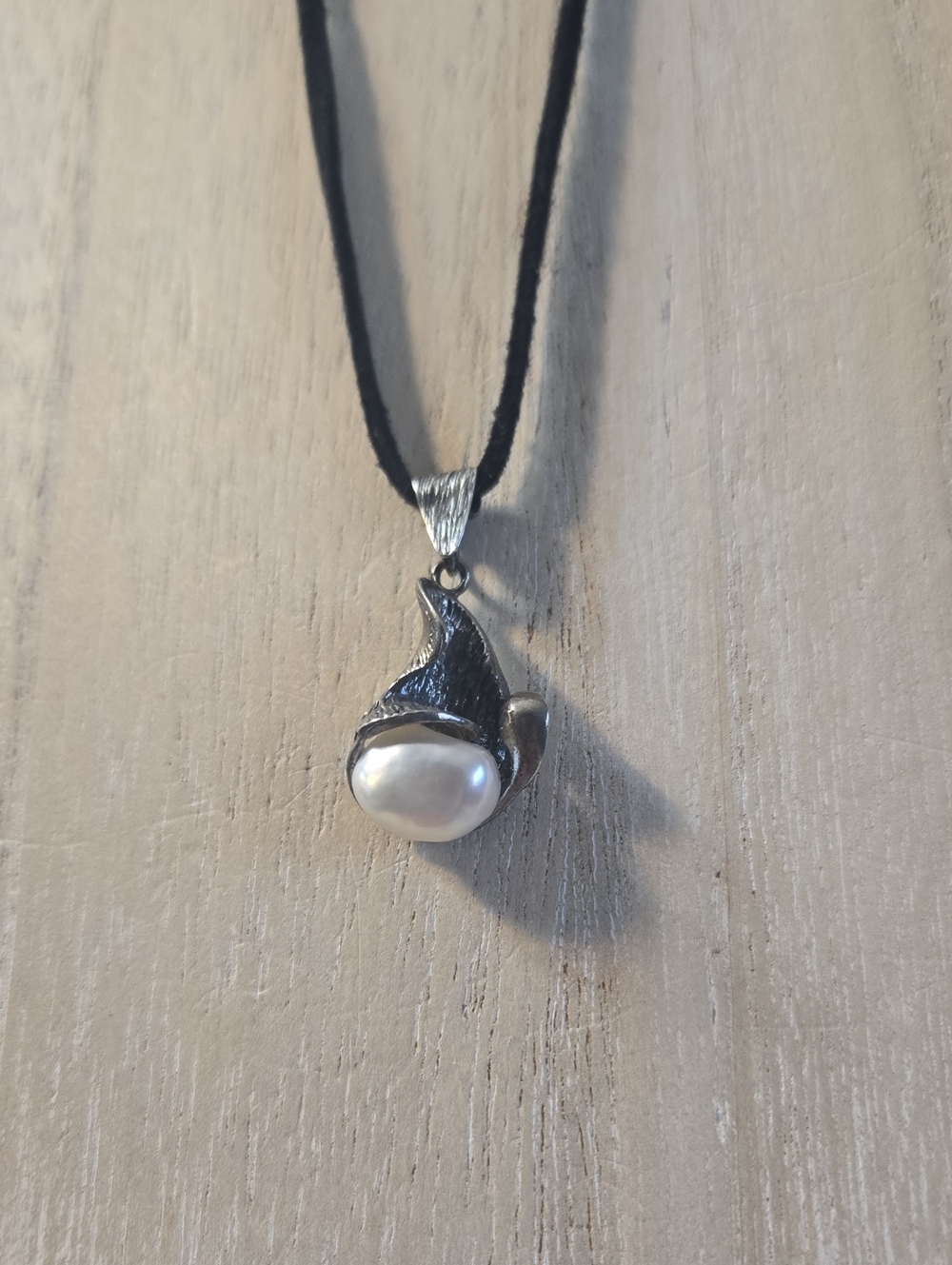 Sterling Silver Pearl Calla Lily Pendant Necklace in Black Cord